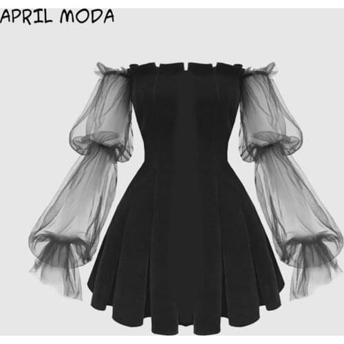 2020 New Gothic Women Fashion Black Long sleeve Vintage Elegant Office Lady Date Night Dresses A-Line Cool Girls Female Dress