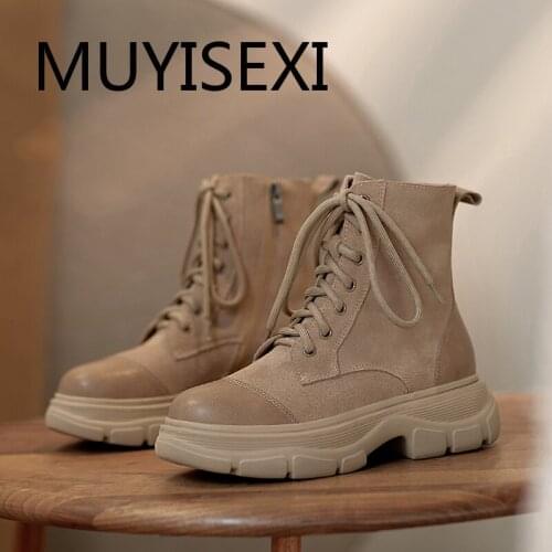 Winter shoes grain leather brand lace up side zip 5.5cm platform solid color superstar British school casual boots TN43 MUYISEXI