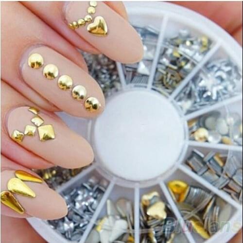 300 pcs/ set 6 styles silver / 3D shiny metallic luster Nail decoration wheel round stickers area punk rivet studs