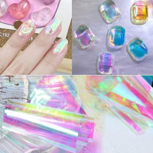 4*50cm Aurora Ice Cube style Nails Glass Foil Sticker Korean Trend Design Manicure Decoration Cellophane Paper newest 2021