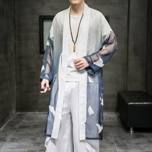 Asian Clothes Traditional Tops Men Chinese Style Kimono Cardigan Men 2021 New Thin Long Robe Hanfu Men Tang Suit Coats KK3396