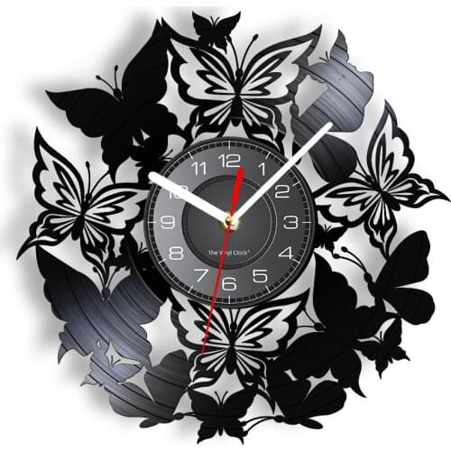 Butterfly Shadow Art Wall Clock Garden Nature Home Wall Decor Vintage Album Clock Watch Nursery Carved Insects Vinyl Record Art