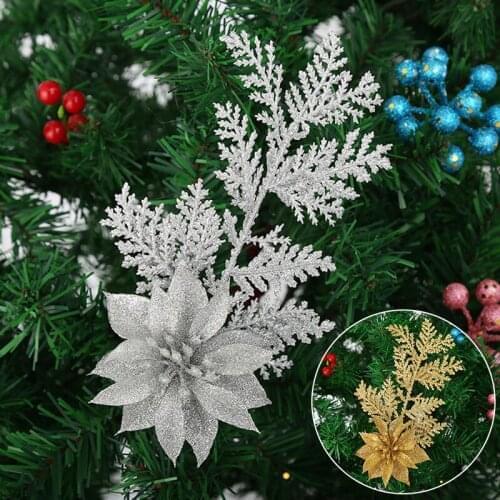 Glitter Hollow Artificial Flower Fake Flower Christmas Tree Decorative Wedding Wreath Xmas Party Decor New Year DIY Supplies