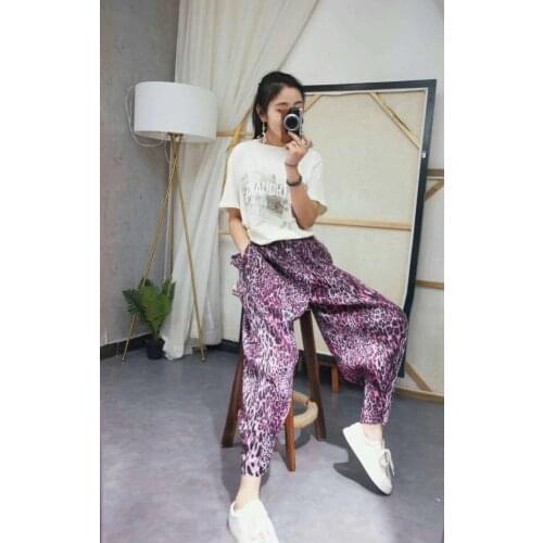 HOT SELLING Miyake Pleated casual trousers Leopard print all-match irregular trouser slim high waist pants IN STOCK