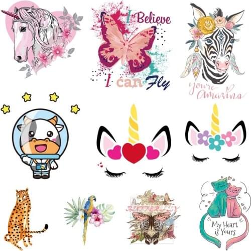 Animals Patches For Clothes Heat Vinyl Transfer Thermal Stickers DIY Washable T-Shirt Iron On Transfer Cute Unicorn /Cat Patches
