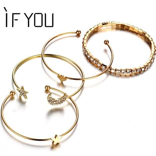 IF YOU 4Pcs/Set Star Moon Bracelets&Bangles Heart For Women Fashion Alloy Gold Color Crystal Multilayer Bracelets Jewelry Gifts