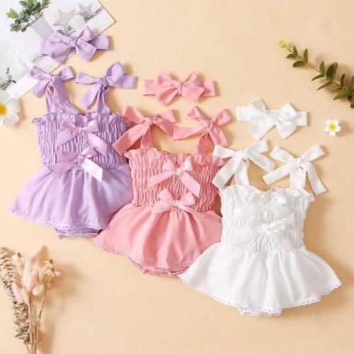 Cute Sweet Newborn Infant Baby Girl Solid Bow Romper Sleeveless Jumpsuit Headband Outfits Sunsuit Toddler Girl Summer Clothes