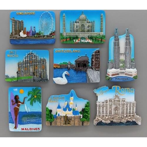 Macao malaysia maldives roma china Shanghai Disneyland Singapore switzerland Taj Mahal india 3d fridge magnets home decoration