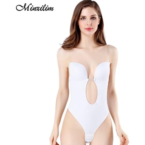 Minxilim Women Push Up Bra Sexy Plunging Deep V-Neck Strapless Backless Bodysuit for Wedding Body Shaper Bra Invisible Shapewear