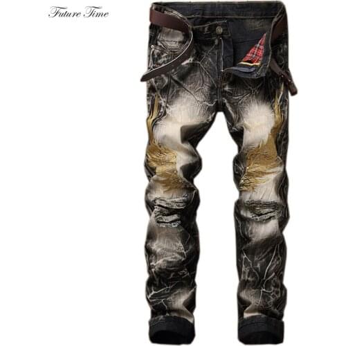 Men Jeans Pants Embroidery Streetwear Mid Waist Straight Jeans Vintage Moustache Effect Beading Spring Men Pants C1473