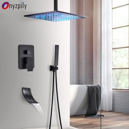 Onyzpily Matte Black LED Bathroom Shower Faucet Set Ceiling Mounte Waterfall Rain Shower System Swivel Spout Bathtub Mixer Tap