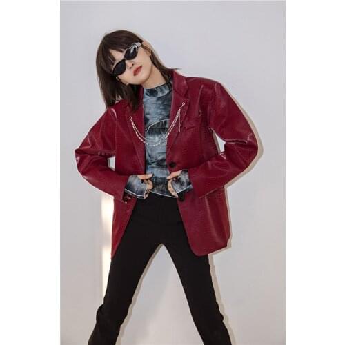 Streetwear Loose Wine Red Faux Leather Blazers Women Chic Chain Notched Collar Long Sleeve Suit Jacket Korean Casual Autumn 2021
