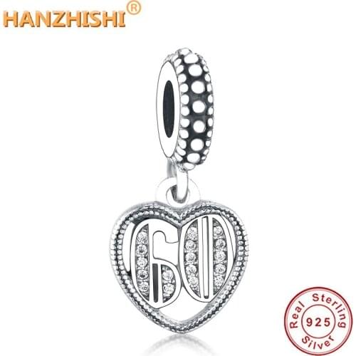 Fits Original Pandora Charms Bracelet Jewelry 2020 Spring Collection 925 Sterling Silver Number 60 Heart Dangle Charm Beads