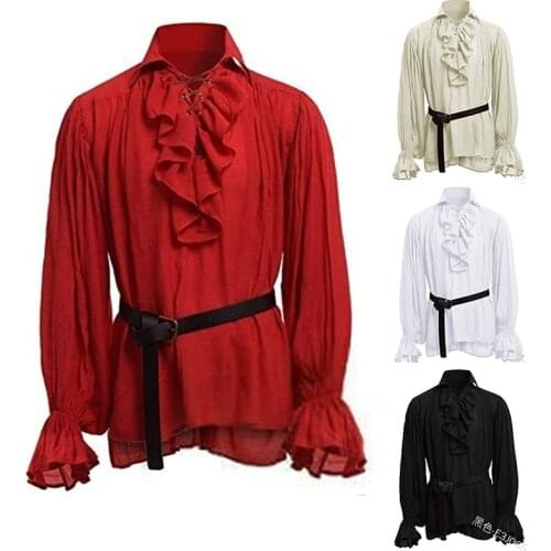 Medieval Renaissance Lacing Up Shirt Bandage Tops For Adut Men Larp Vintage Costume Fluffy Long Sleeve For Male Plus Size S-5XL