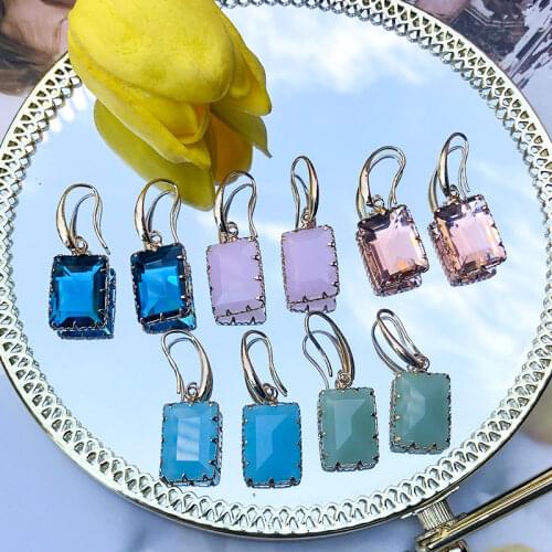KOMI Geometric Alloy Rectangular Glass Imitation Opal Inlaid Semi Precious Stones Pendant Earrings Ladies Fashion Accessories
