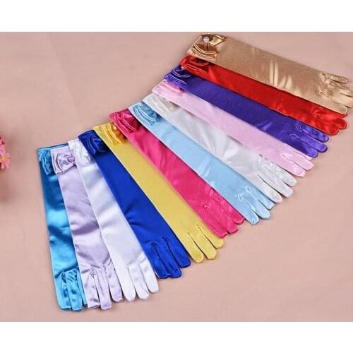 Wedding Elastic Girl Satin Long Gloves Kid Children Fancy Dress Bow Pearl Gloves Costume COS princess Mitten 3Y-8Y party favor