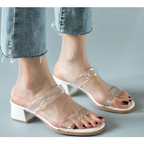 COOLULU Women PVC Transparent Slippers Open Toe Mid Square Heel All Match Sandals Casual Ladies Summer Slippers Shoes 34-40