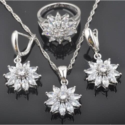 Womens Wedding Silver Color Jewelry Sets White Zirconia Flower Design Earring And Necklace Sets Pendant Rings QZ0432