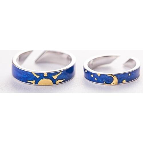 VENTFILLE 925 Sterling Silver Fashion Personality Creative Sun Moon Couple Ring Korean Temperament Jewelry