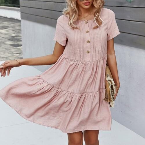 Women summer dress Casual O-neck short sleeve with buttons loose pleated mini dress 2021 New female loose short dresses