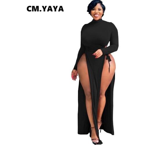 CM.YAYA Women Plus Size Dress Solid Hollow Out Bandage Splited Long Dresses Sexy Night Clubwear Fashion Party Vestidos Autumn