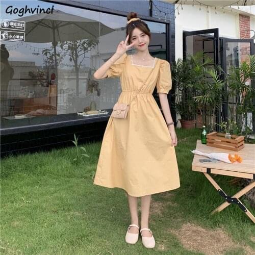 Square Collar Short Puff Sleeve Dress Women Empire Slim Mid-calf A-line Mori-girls Sweet Gentle Students Korean Style Fairy Ins