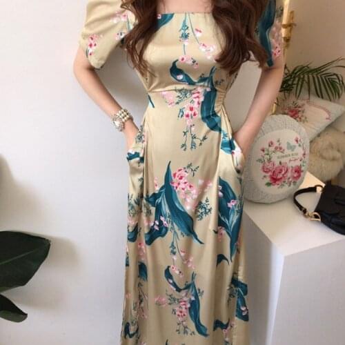 2021 Short Sleeve Dress for Women Vintage Square Collar Printed Elegant Long Dresses Summer Dress Waist Slim Floral Robe 13714