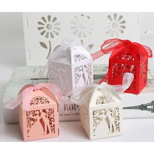 10pcs Laser Cut Bride and Groom Heart Candy Dragee Favor Boxes Gift Boxes with Ribbon Valentines Day Wedding Party Decoration