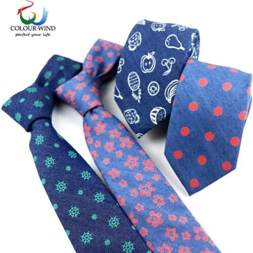 2020 New Cotton Denim Necktie Dots Floral Leaves Printed Ties For Men Adult 6CM Narrow Casual Gravatas Pocket Square