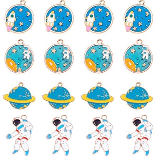 20pcs Alloy Enamel Big Pendants Planet Flat Round with Spaceman and Rocket Charms DIY Earring Necklace Jewelry Making Supplies