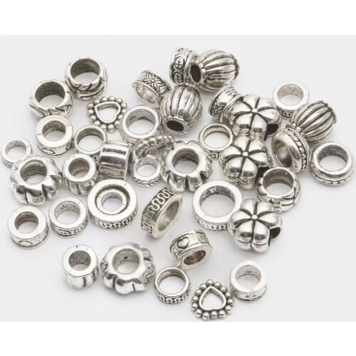 35pcs Mix Size Tibetan Antique Silver Color Big Hole Metal Beads For Jewelry Making DIY Needlework Charm Fit Bracelet Wholesale