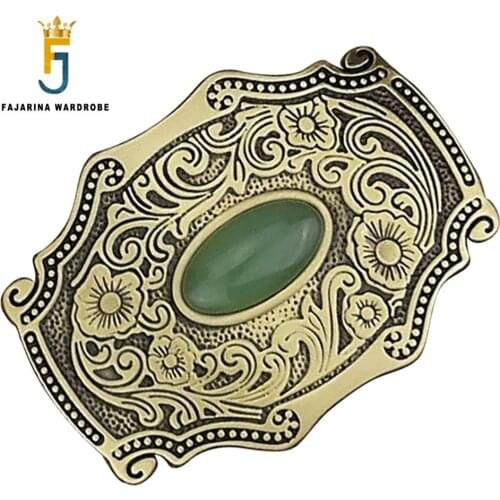 FAJARINA Mens Unique Floral Pattern Real Jade Decorative Brass Retro Style Smooth Buckles For 3.6-4.0cm Width Smooth BCK034