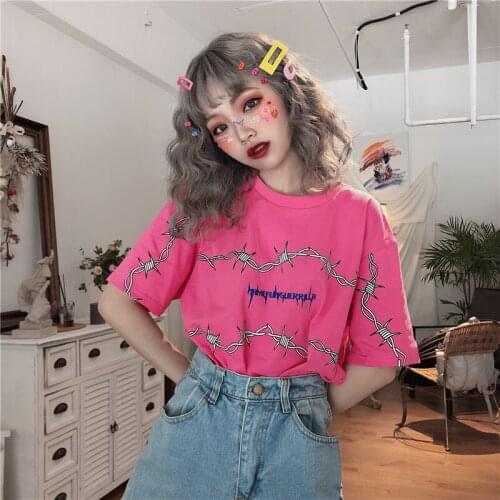Tumblr Cute casual Harajuku Cotton Korean women T-shirt Summer fashion letter printing loose chic kawaii pink plus size tops tee