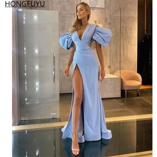 HONGFUYU Light Blue Long Evening Dresses Deep V Neck Prom Party Gowns High Slit Special Occasion Dress vestidos de fiesta платье