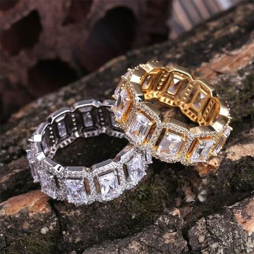 Hip Hop Square AAA Cubic Zirconia Tennis Chain Rings Women Men 1 Row CZ Bling Iced Out Gold Ring Men Rapper Jewelry for Gift