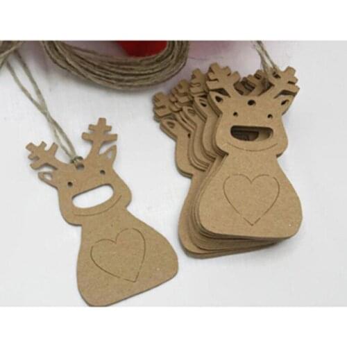 Creative 100pcs Christmas Hanging Tag With Hemp Rope Kraft Paper Decor Present Gift Labels Deer Pattern