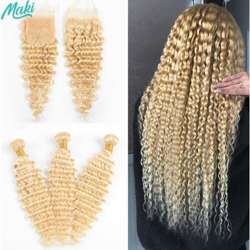 Maki Hair 61 Blonde Hair Brazilian Hair Weave 3 Bundles With Frontal Closure Human Hair Bundles With Closure Remy Hair Extension