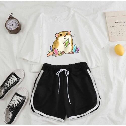 Kawaii Pajama Set Cute Guinea Pig Print Cartoon Pajamas Nightwear 2 Piece Sets Women Graphic T-shirt Women Home Clothing Summer