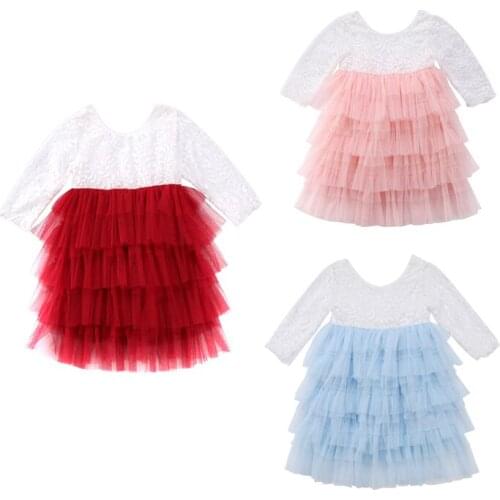 Fashion Cute Princess Newborn Infant Baby Girls Cotton Lace Long Sleeve O-Neck Floral Ankle-Length Tutu Dress Outfit Party 6M-5Y
