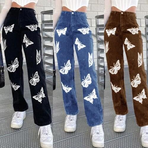 Fashion Womens Pants Butterfly Print Denim Trousers Wide Leg High Waist Straight Leg Jeans For Girls Casual Pants With Pocket