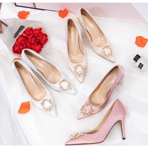 BaoYaFang 2020 New Pointed Toe women wedding shoes Champagne High heels shoes ladies party dress shoes woman Fashion High Pumps