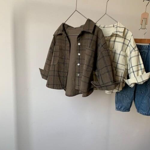 2021 Korean Autumn New Boys and Girls Corduroy Plaid Long-sleeved Shirt Childrens Retro Loose Casual Tops Kids Plaid Shirts