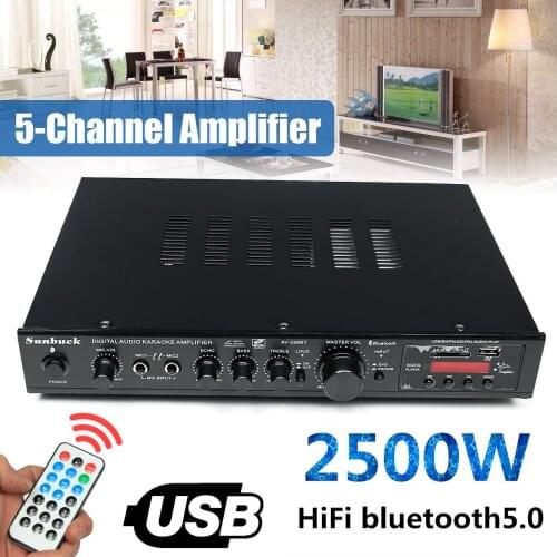 NEW 2500W bluetooth 5 Channel Power Amplifier HiFi Stereo Speaker Amp Support FM Radio 2 Mic USB SD Card Input 298BT