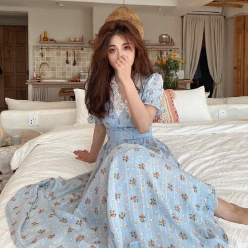 Summer Korean Chic Women Long Dress V-Neck Lace Beige Floral Print Fairy Dress Puff Sleeve Romantic Female Midi Dresses Vestidos