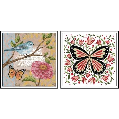 Joy Sunday Butterfly Patterns Cross Stitch Embroidery Kit 14CT Bird and Flower Cotton Thread Painting Printed DIY Needlework Set
