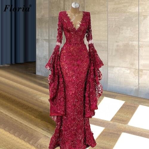Plus Size Arabic Long Sleeves Evening Dresses Lace Beads Celebrity Dresses For Women Long Mermaid Evening Gowns Robe Longue