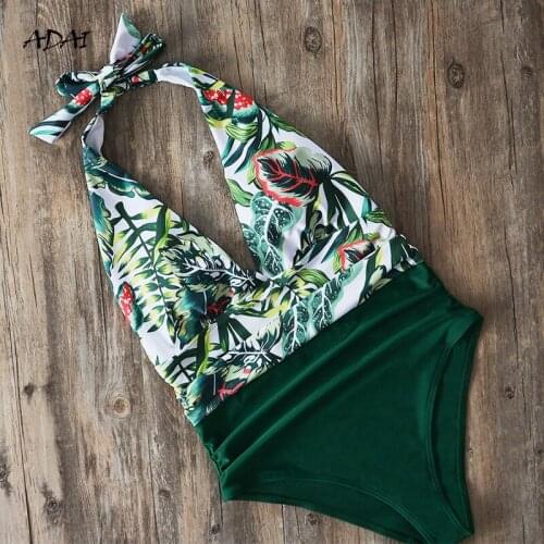 Sexy One-Piece Swimsuit Women Swimwear 2021 Leaf Print Deep V-Neck Backless Bandage Summer Beach Wear Bathing Suit Plus Size XXL