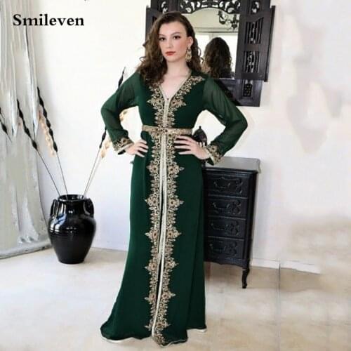 Smileven Dark Green Moroccan caftan Evening Dresse Long Sleevees Party Gowns Appliqued Lace Muslim Special Occasion Dress
