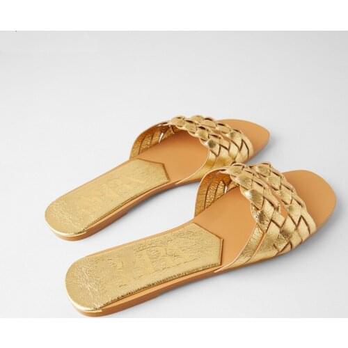 2021 new golden woven slipers women summer falt heels beach casuals slides shoes woman outdoor sandals flip flops muter