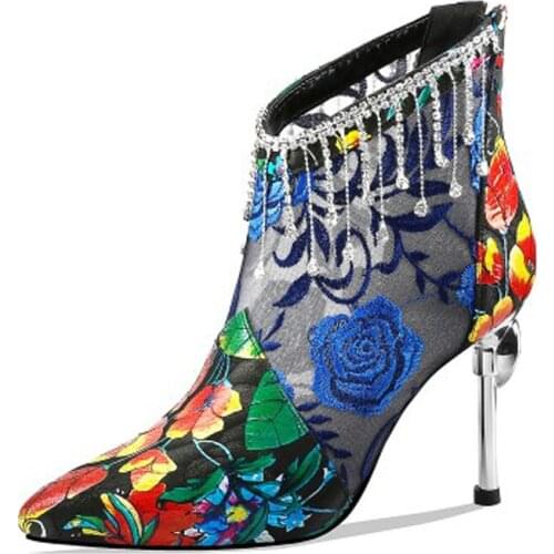 Womens Mesh Floral High Heels Shoes Stilettos Embroidery Flower Ankle Boots Summer Rhinestones Tassels Ethnic Real Leather New